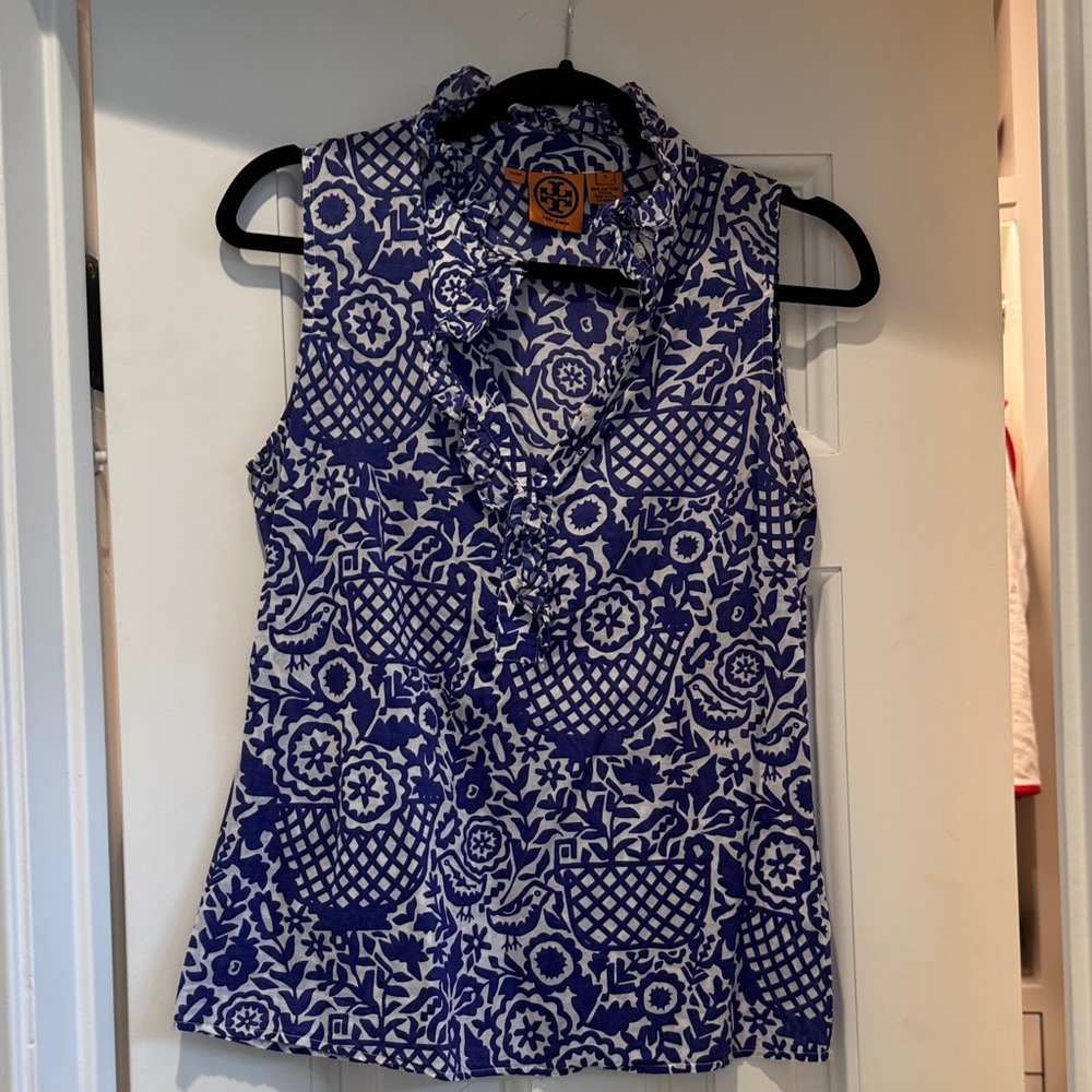 Tory Burch Navy and White Patterned Blouse
